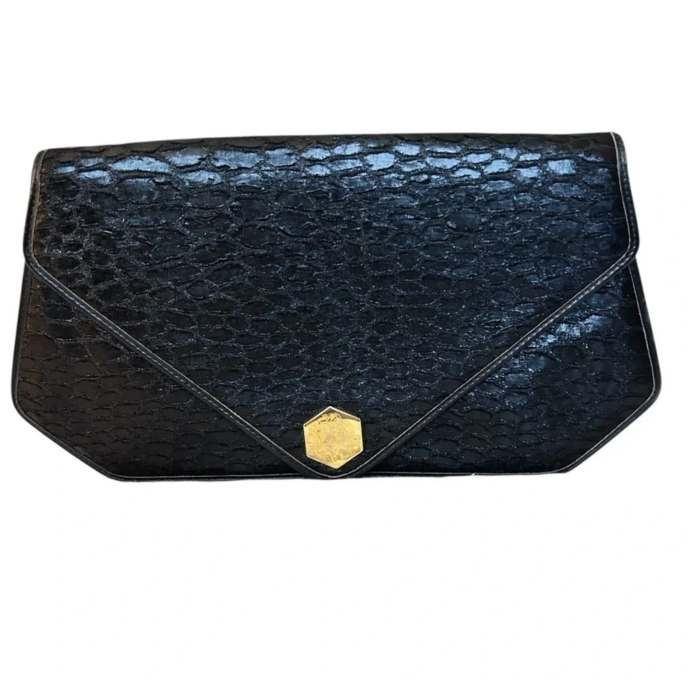 Revillon Vintage Black Alligator Print Handbag with Gold Chain